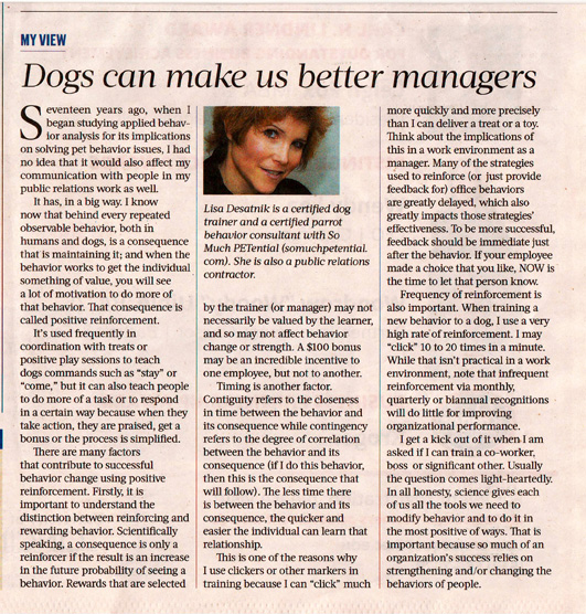 In the Cincinnati Business Courier, Cincinnati Certified Dog Trainer Lisa Desatnik, CPDT-KA, CPBC, talks lessons learned from dog training to help business managers and their leadership success.